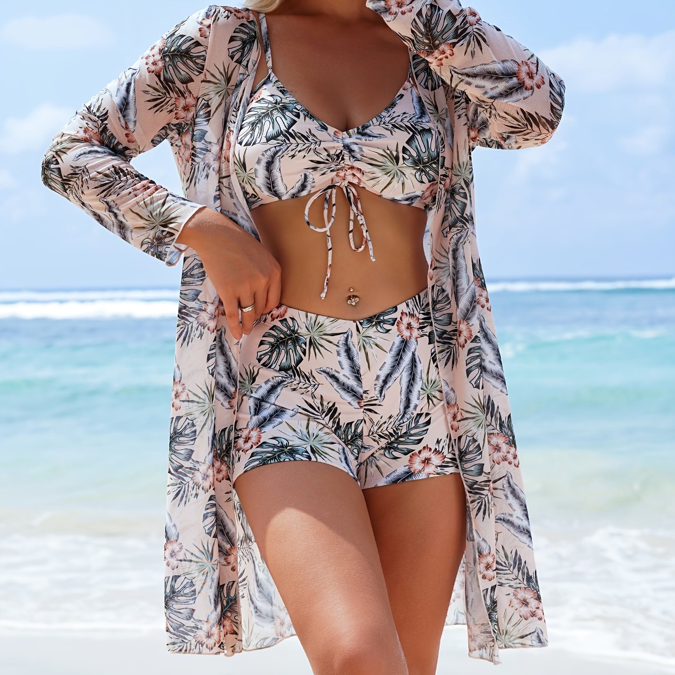Women's Bikini Three-Piece Swimsuit with Boxer Shorts, New Split Cover-Up, Bowknot Fashion Beachwear