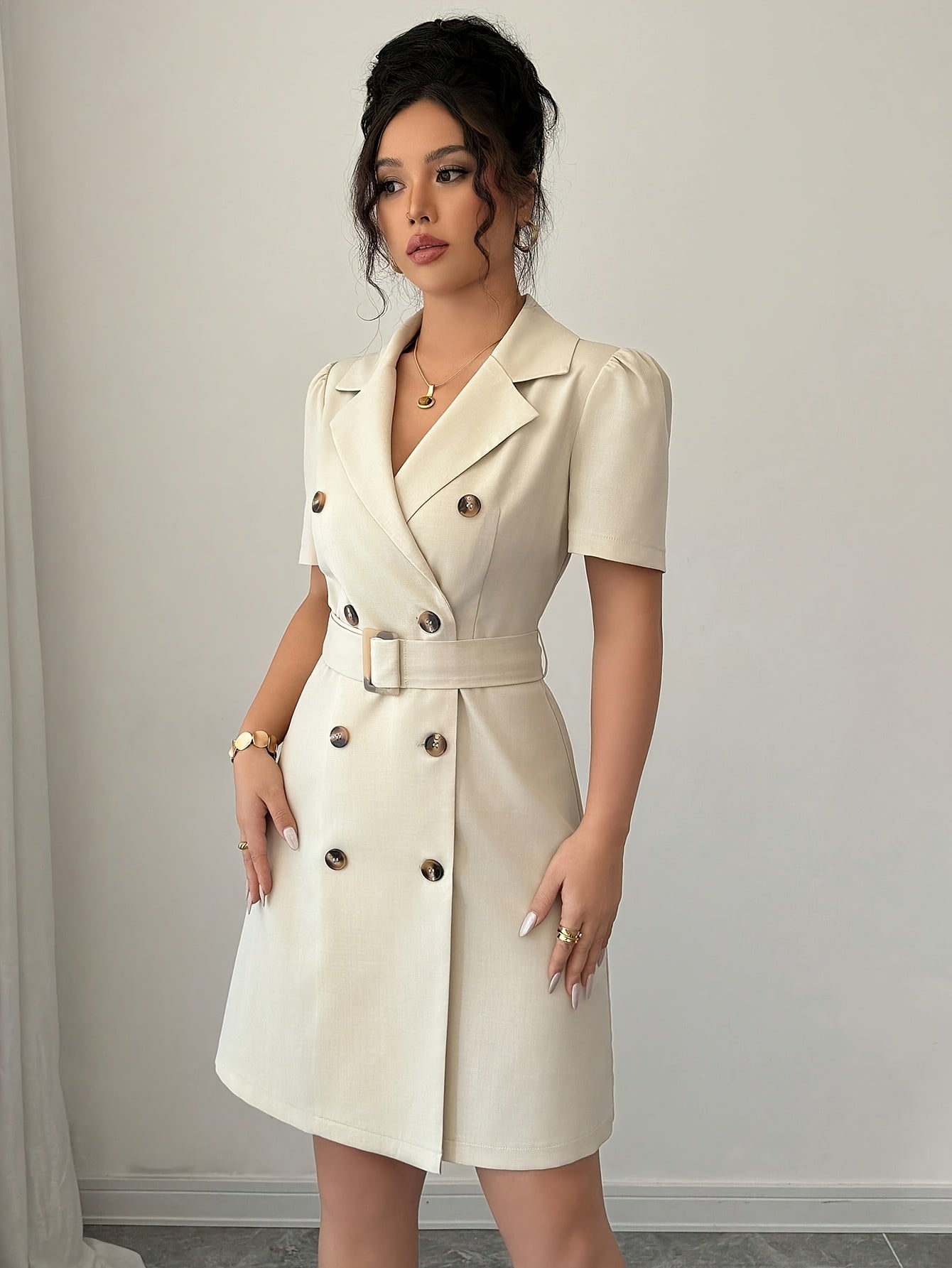 Suit Jacket with Belt at The Waist And Double-Breasted Breeze Sleeve Dress