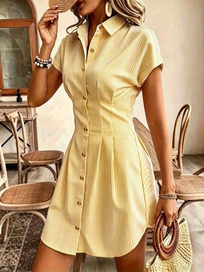Striped Shirt Dress for Women – Short Sleeve, High Waist, Button Front A-Line
