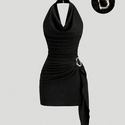 Party Dress for Women Draped Neckline Asymmetric Ruffle Dress with Metal Buckle