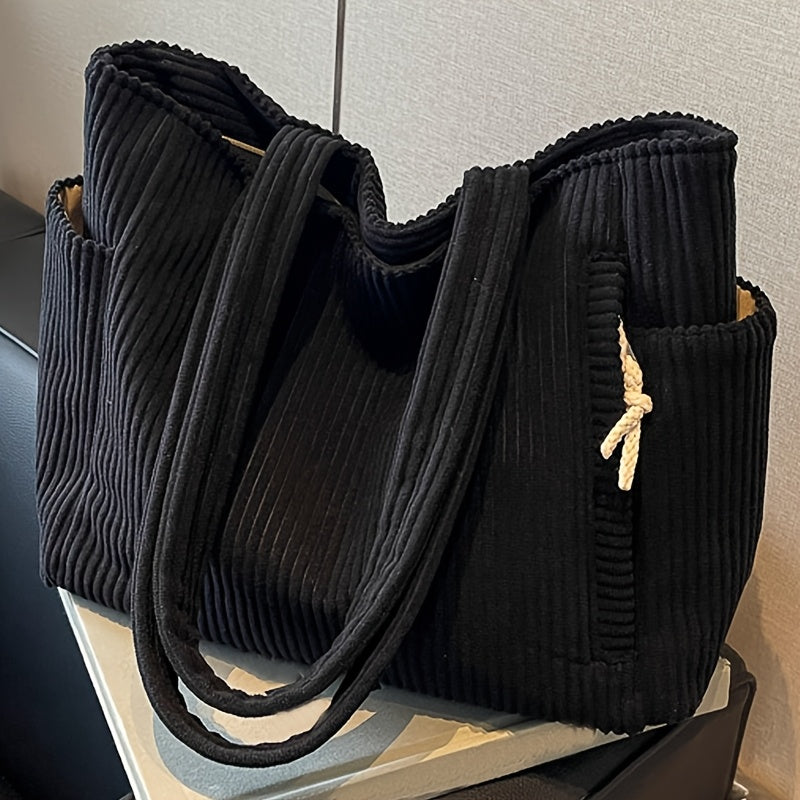 Structured Corduroy Tote Bag for Women Pockets Shoulder Strap for Work Travel Everyday