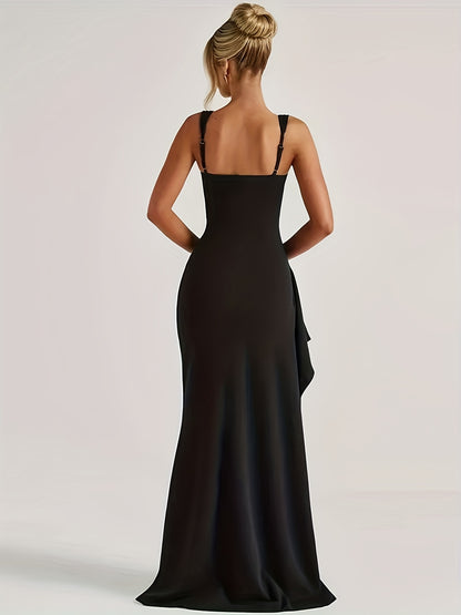 Evening Dress for Women Square Neck High Split Formal Gown for Black Tie Wedding Events