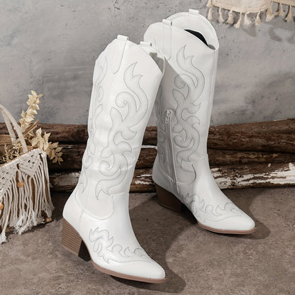 Women's Slip-on Boots, Classic and Elegant Embroidered Western Cowboy Boots, a Cute Light-colored Gift, Suitable for Music Festivals and Vacation Travel, a Fashionable Style, Women Shoes