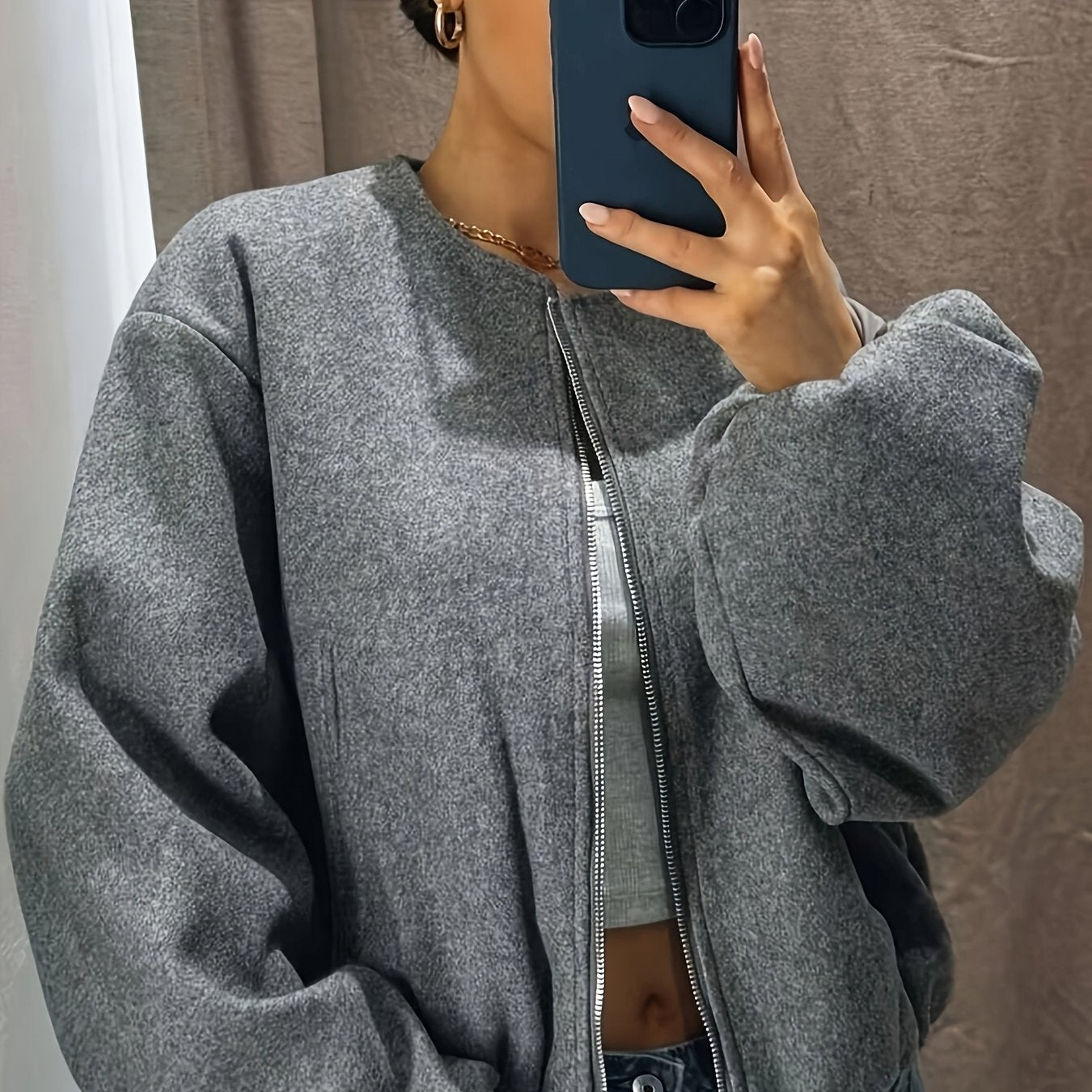 High-Quality Spring/Autumn New Arrival European/American Style Soft Pilot Collar Zipper Cropped Solid Color Jacket Top for Women