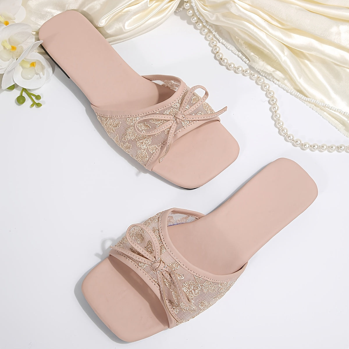 Women's Slide Sandals, French Noir Bow Accent Sheer Mesh Slip-On Open Toe, Low Heel TPR Sole, Suitable for Office Casual Brunch & Summer, Elegant Breathable Footwear with Bow Detail, Hand Washable Flat Slippers