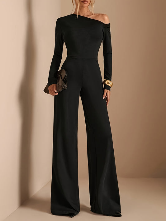 [Asymmetric Off-Shoulder Romper] Women's Elegant Asymmetric Off Shoulder Long Sleeve Wide Leg Romper - Solid Black Casual Jumpsuit for Spring Summer