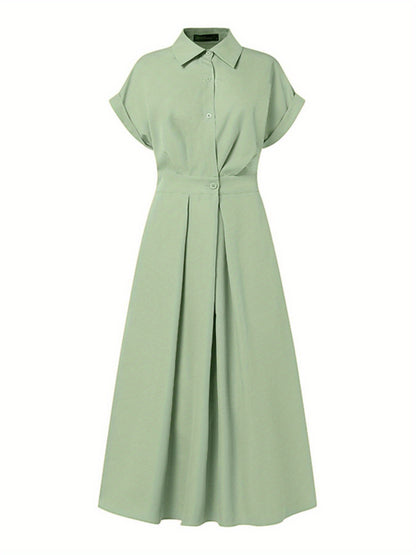 Women'S OL Style Solid Color Lapel Short Sleeve Front Buttons Up Waist Swing Street Style Easy All-Match Lightweight Casual Shirt Dress