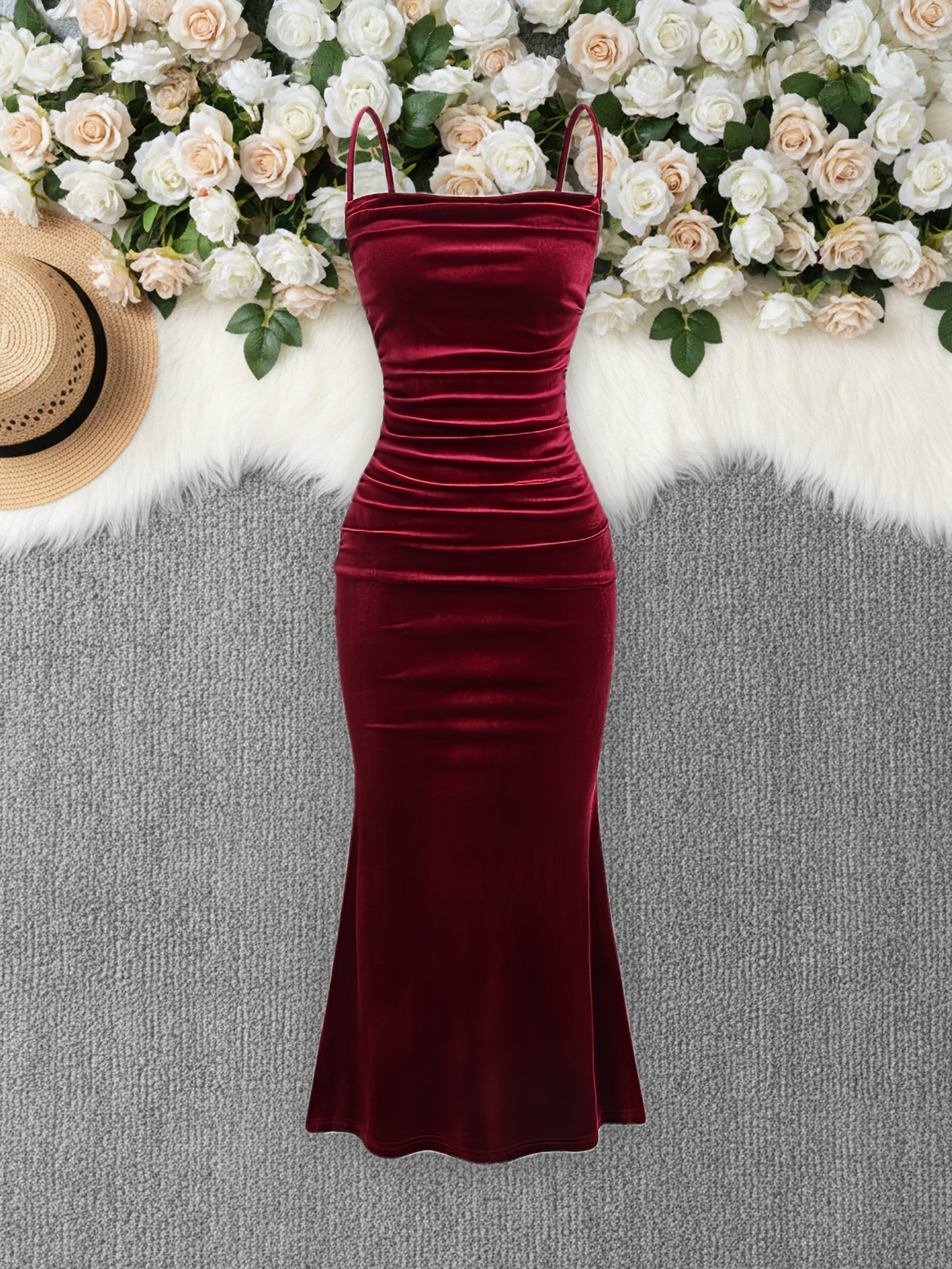 Party Dress for Women Ruched Spaghetti Strap Burgundy Midi Dress for Birthday Dinner Events