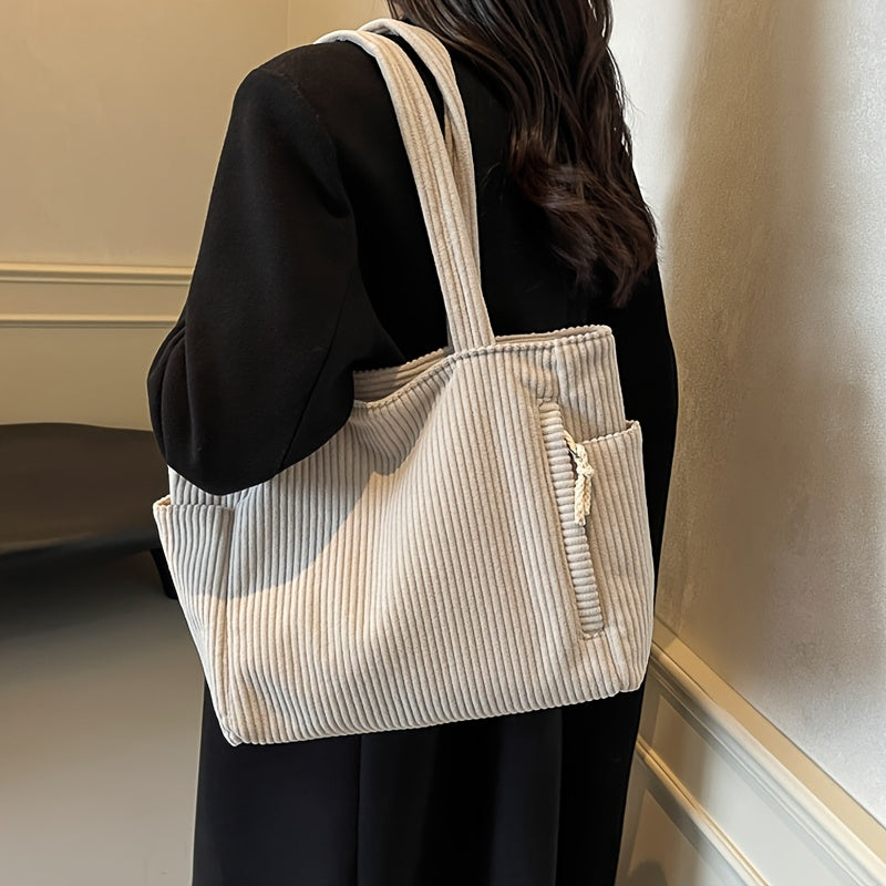 Corduroy Tote Bag for Women Multi Pocket Shoulder Bag for Commute Shopping Travel