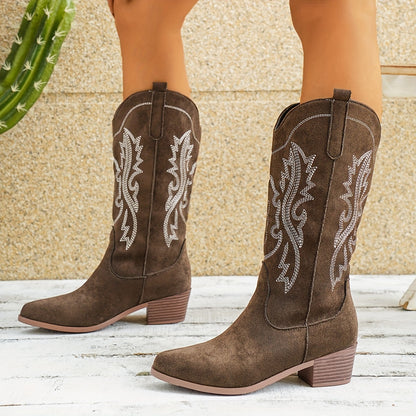 Cowgirl Western Boots for Women – Embroidered Mid-Calf, Pointed Toe and Block Heel