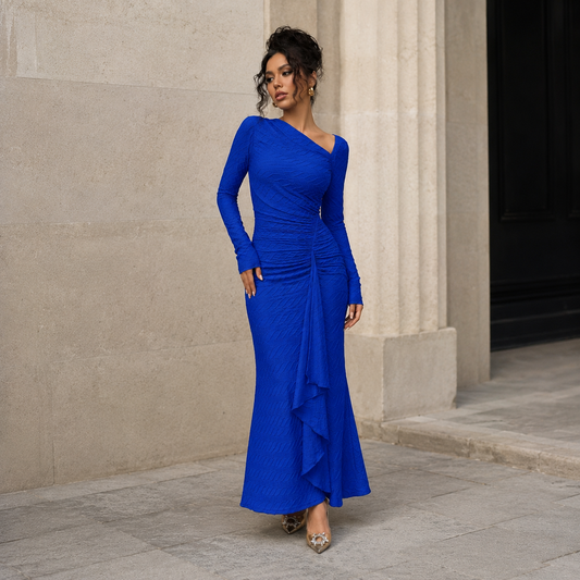 Long Sleeve Maxi Dress for Women – Asymmetrical Neck, Fitted Shape and Frill Detail