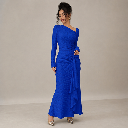 Long Sleeve Maxi Dress for Women – Asymmetrical Neck, Fitted Shape and Frill Detail