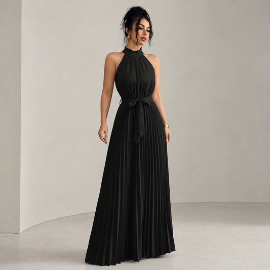 Elegant Maxi Sundress for Women – Halter Neck, Sleeveless Pleated Skirt, Belted Fit and Flare