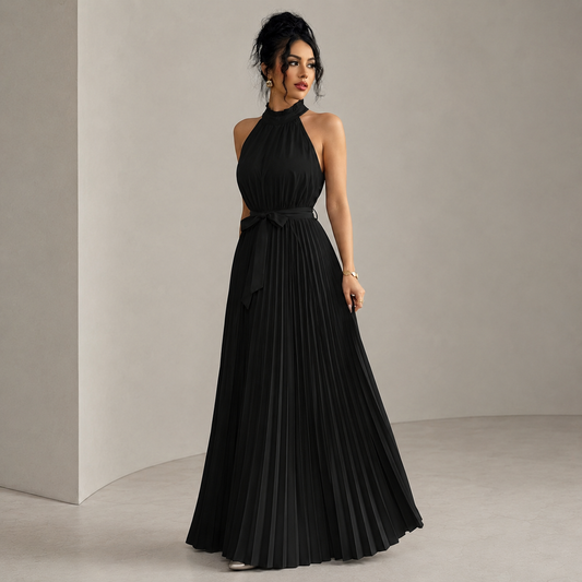 Elegant Maxi Sundress for Women – Halter Neck, Sleeveless Pleated Skirt, Belted Fit and Flare