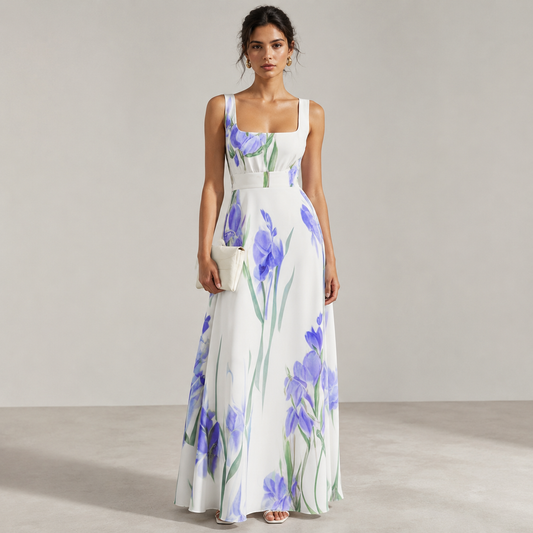 Floral Summer Maxi Dress for Women – Square Neck, Sleeveless A-Line Fit and Zipper Closure