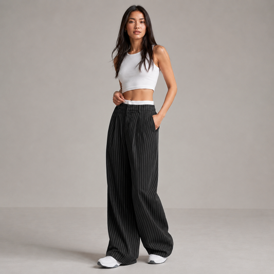 Striped Wide Leg Trousers for Women – High Waist, Suit Style, Button Closure and Pockets