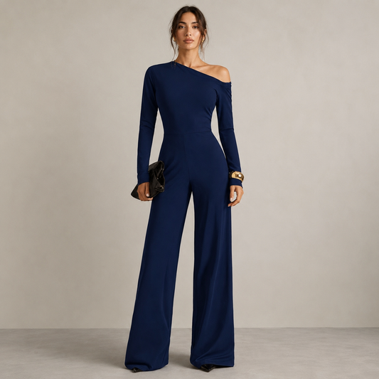 Wide Leg Party Jumpsuit for Women – Asymmetrical Neck, Long Sleeves and Palazzo Leg