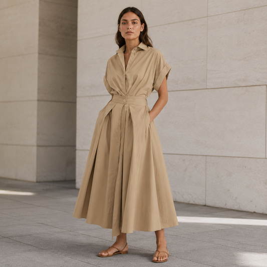 Maxi Shirt Dress for Women – Button Front, Lapel Collar, Short Sleeves and Tie Waist