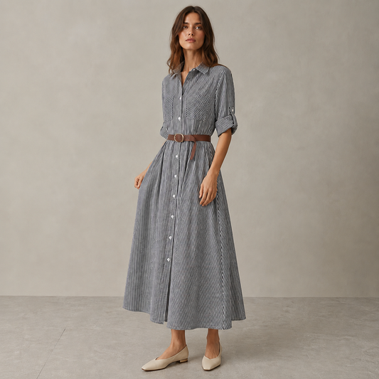 Striped Long Shirt Dress for Women – Button Front, Long Sleeves, Polo Collar, Belt and Pocket