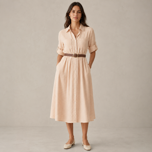Striped Long Shirt Dress for Women – Button Front, Long Sleeves, Polo Collar, Belt and Pocket