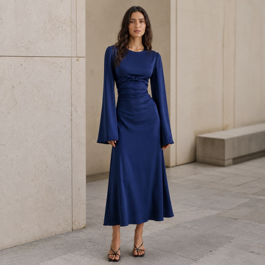 Long Sleeve Maxi Dress for Women – Crew Neck, Bell Sleeves, Ruched Waist and Back-Tie Detail