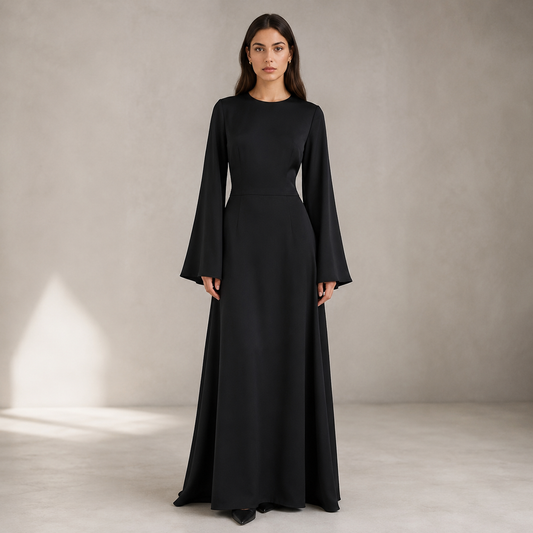 Long Sleeve Maxi Dress for Women – Crew Neck, Bell Sleeves, Ruched Waist and Back-Tie Detail