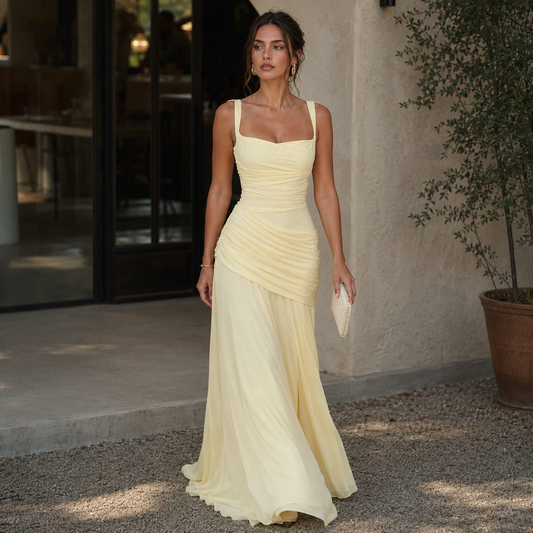 Maxi Evening Dress for Women – Square Neck, Ruched Waist, Strappy Back and Fitted Shape