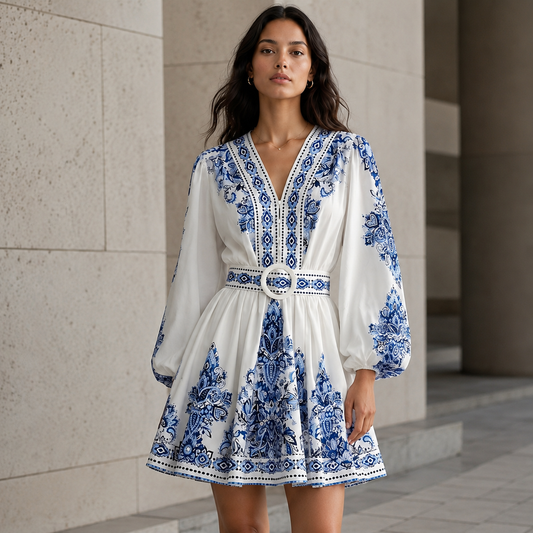 Floral Long Sleeve Mini Dress for Women – V-Neck, Lantern Sleeves, A-Line Fit and Waist Belt