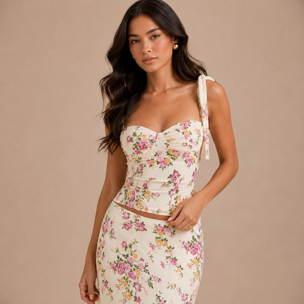 Sassygals French Holiday Style Floral Suspender Vest + Low-Waisted Hip-Hugging Long Skirt, Atmospheric Temperament Set