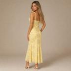 2026 Summer New Women'S Floral Print Mesh Long Lemon Yellow Adjustable Shoulder Strap Dress, French V-Neck Tie-Up Ruffle Suspender Slim Sexy Long Skirt, Vacation, Party, Beach, Music Festival, Birthday, Coming-Of-Age Ceremony