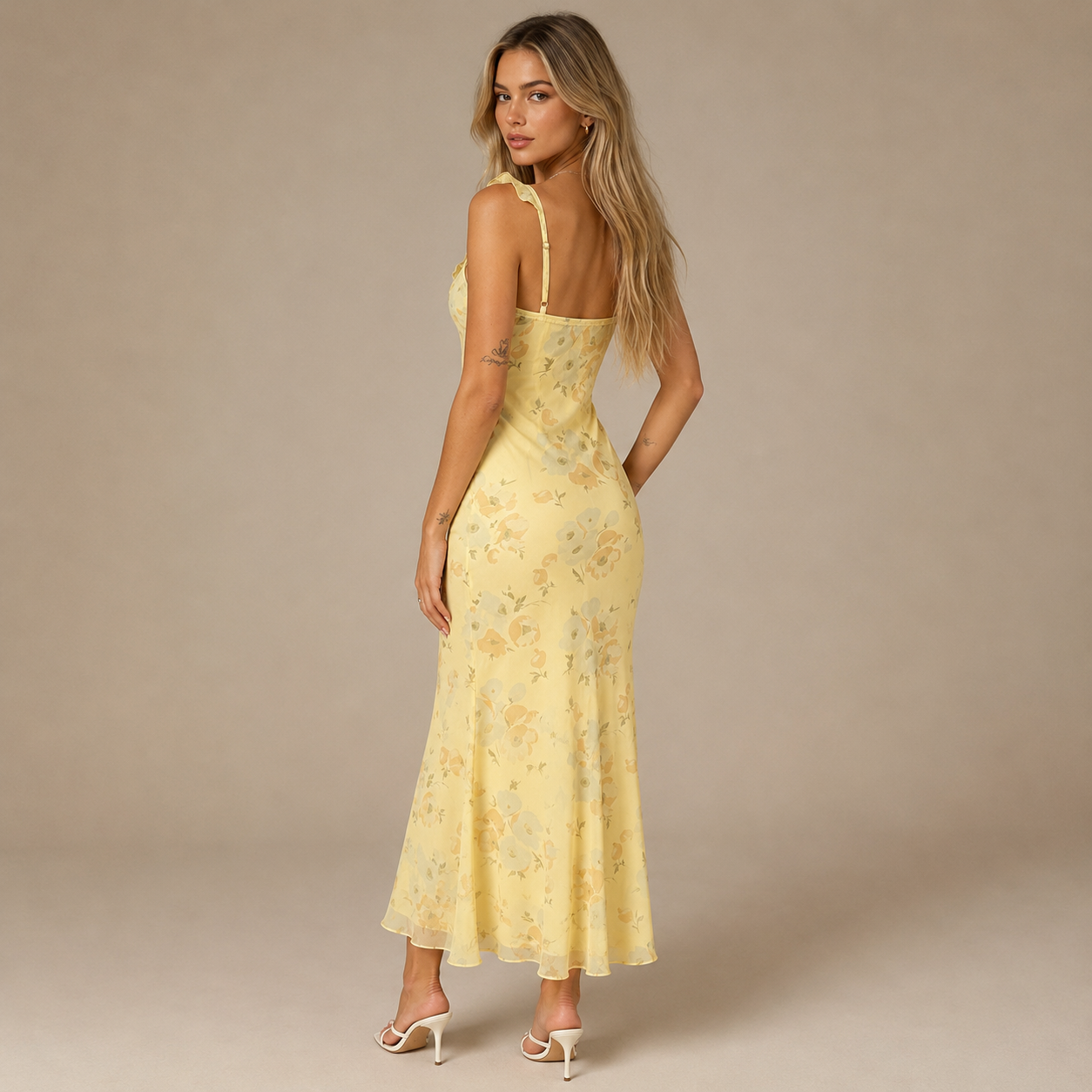 2026 Summer New Women'S Floral Print Mesh Long Lemon Yellow Adjustable Shoulder Strap Dress, French V-Neck Tie-Up Ruffle Suspender Slim Sexy Long Skirt, Vacation, Party, Beach, Music Festival, Birthday, Coming-Of-Age Ceremony