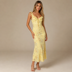 2026 Summer New Women'S Floral Print Mesh Long Lemon Yellow Adjustable Shoulder Strap Dress, French V-Neck Tie-Up Ruffle Suspender Slim Sexy Long Skirt, Vacation, Party, Beach, Music Festival, Birthday, Coming-Of-Age Ceremony
