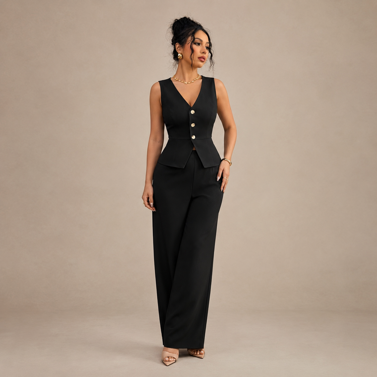 Co Ord Set for Women Sleeveless Office Set with Wide Leg Trousers for Work
