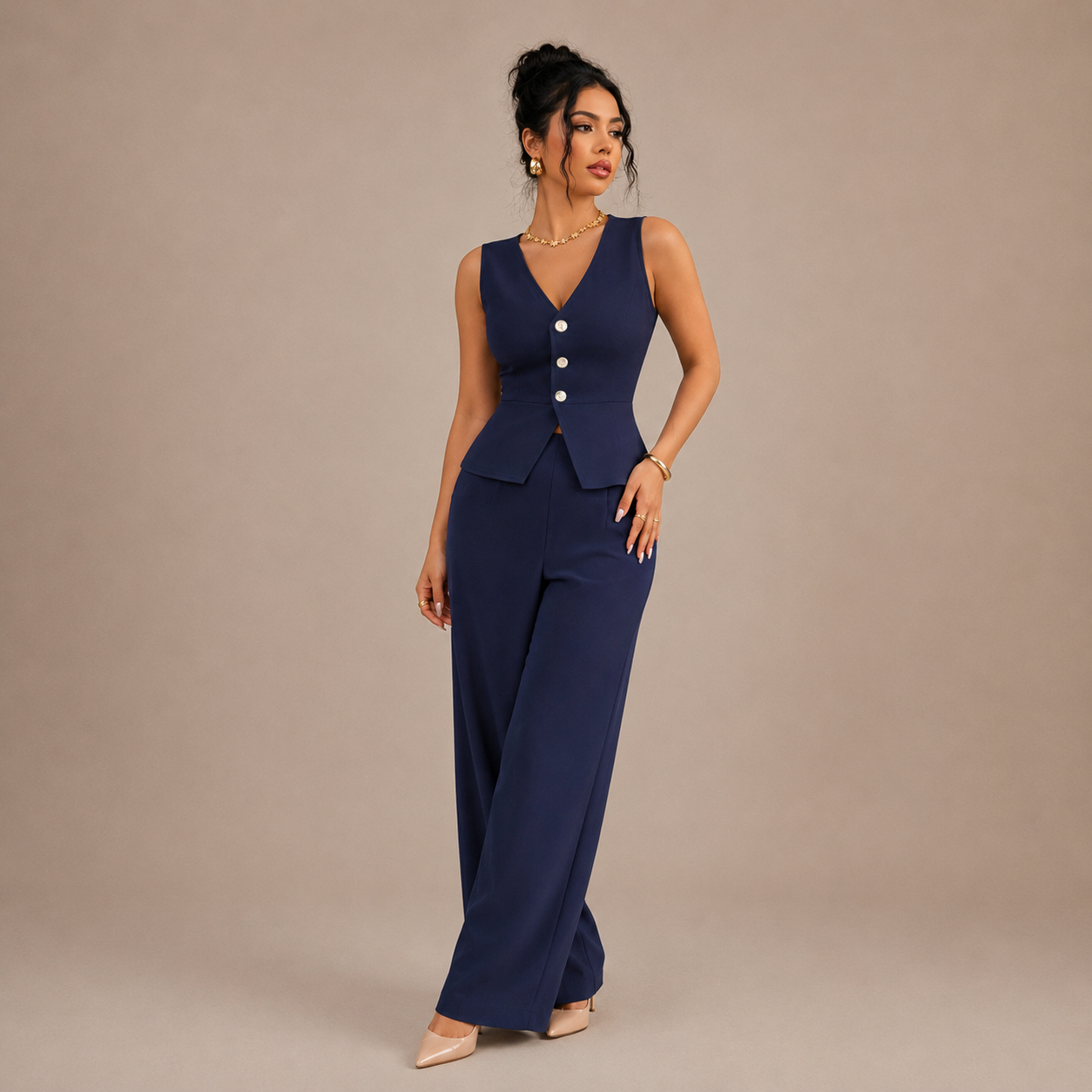 Co Ord Set for Women Sleeveless Office Set with Wide Leg Trousers for Work