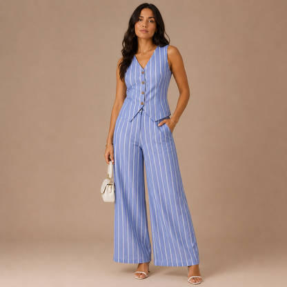 Striped Co-Ord Set for Women – Button Waistcoat and Wide Leg Trousers with Side Pockets