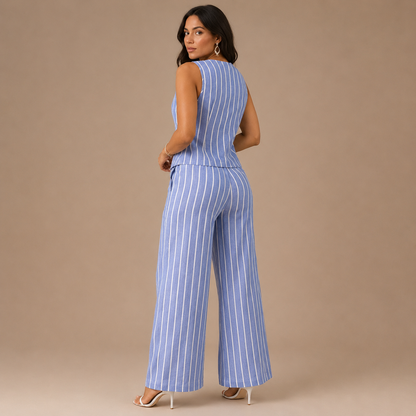 Striped Co-Ord Set for Women – Button Waistcoat and Wide Leg Trousers with Side Pockets