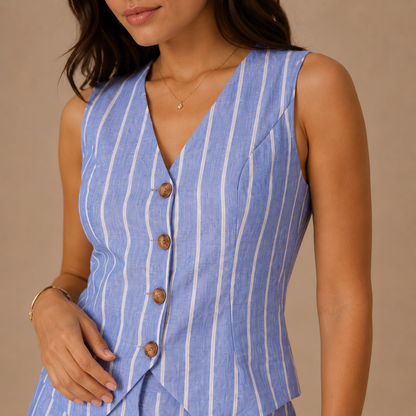 Striped Co-Ord Set for Women – Button Waistcoat and Wide Leg Trousers with Side Pockets