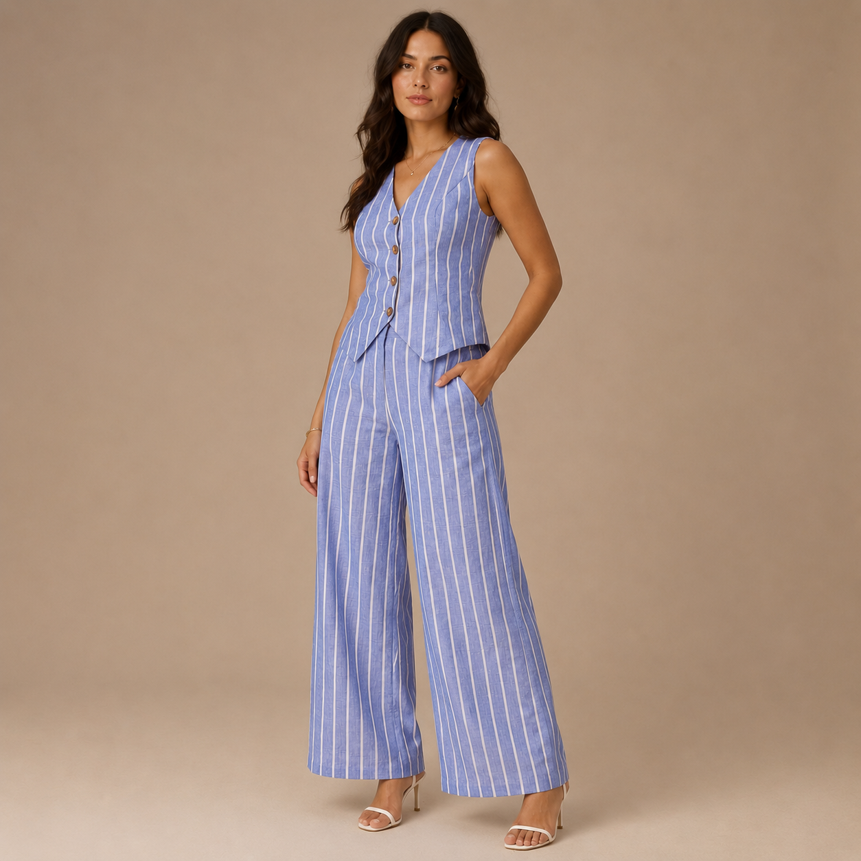 Striped Co-Ord Set for Women – Button Waistcoat and Wide Leg Trousers with Side Pockets