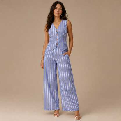 Striped Co-Ord Set for Women – Button Waistcoat and Wide Leg Trousers with Side Pockets