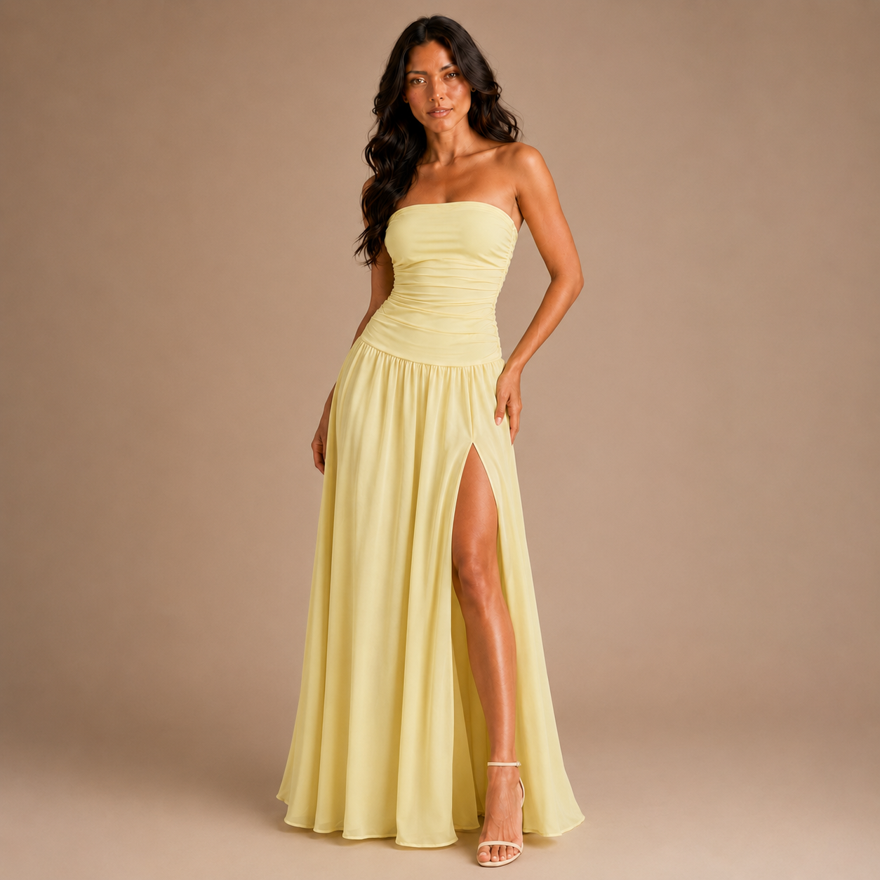 Strapless Summer Maxi Dress for Women – Ruched Bodice, Flowing Skirt and Thigh Split