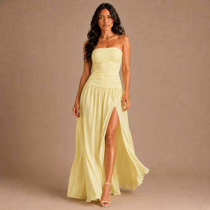 Strapless Summer Maxi Dress for Women – Ruched Bodice, Flowing Skirt and Thigh Split