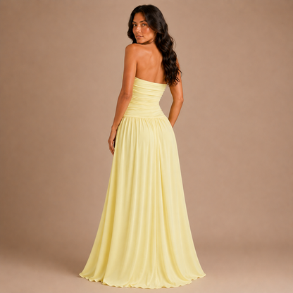 Strapless Summer Maxi Dress for Women – Ruched Bodice, Flowing Skirt and Thigh Split