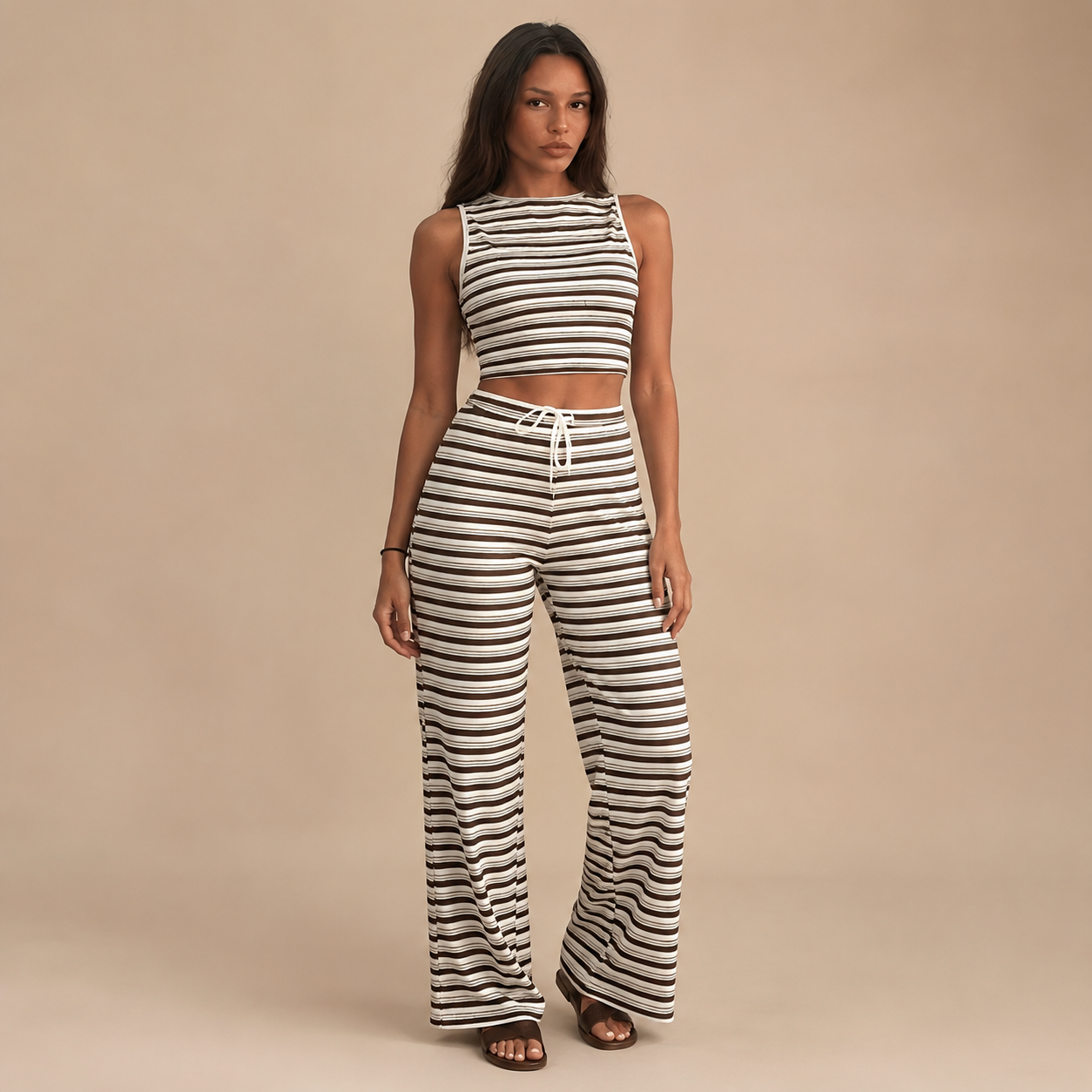Wide Leg Trouser Set for Women Striped Sleeveless Co Ord for Office Holiday