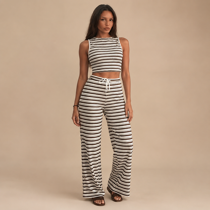 Wide Leg Trouser Set for Women Striped Sleeveless Co Ord for Office Holiday