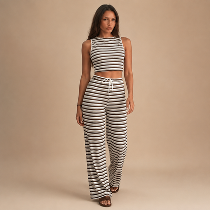 Wide Leg Trouser Set for Women Striped Sleeveless Co Ord for Office Holiday