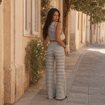 Wide Leg Trouser Set for Women Striped Sleeveless Co Ord for Office Holiday