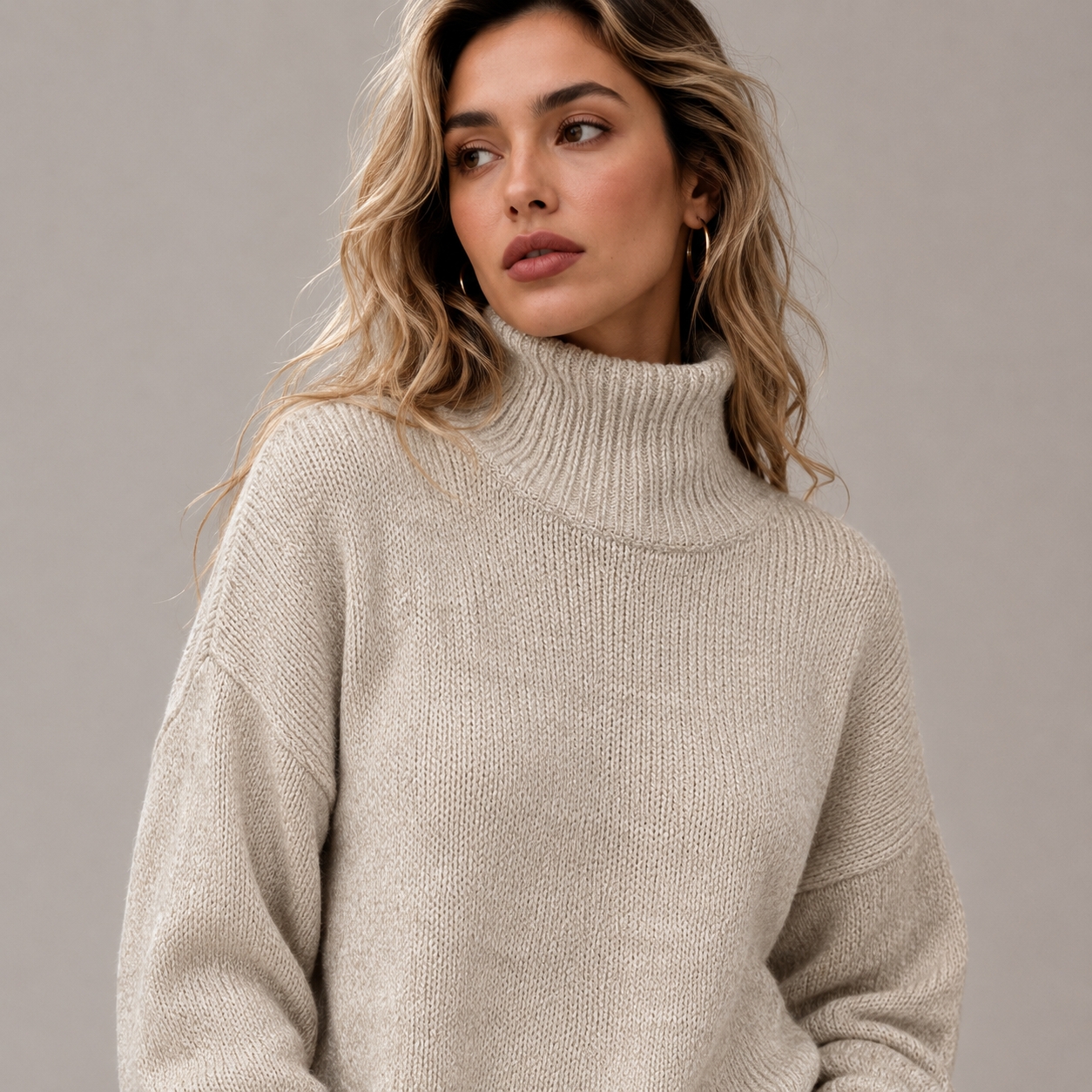 Autumn High Neck Drop Shoulder Solid Color Women's Elegant Long Sleeve Top