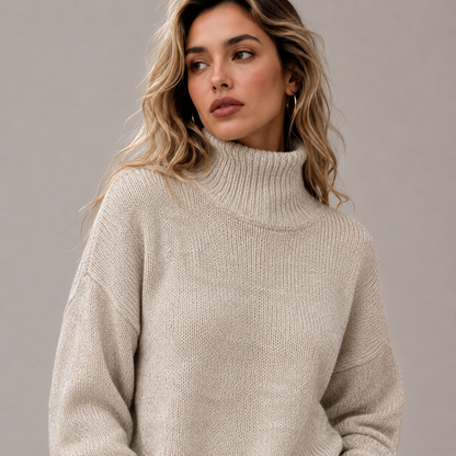 Autumn High Neck Drop Shoulder Solid Color Women's Elegant Long Sleeve Top