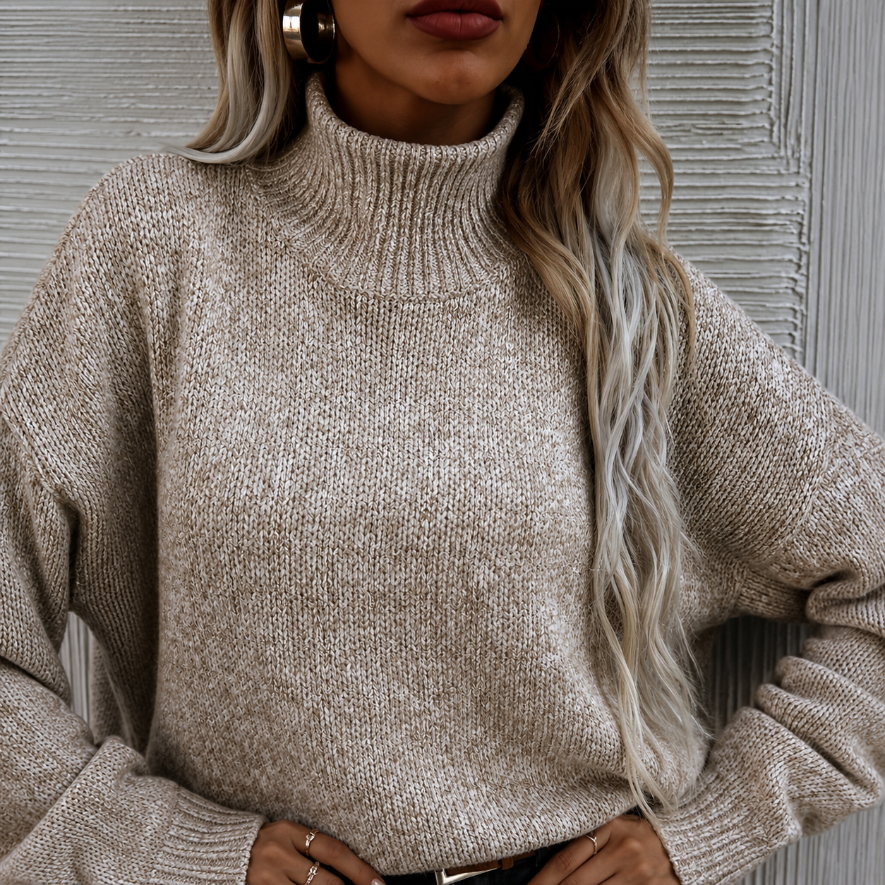 Autumn High Neck Drop Shoulder Solid Color Women's Elegant Long Sleeve Top