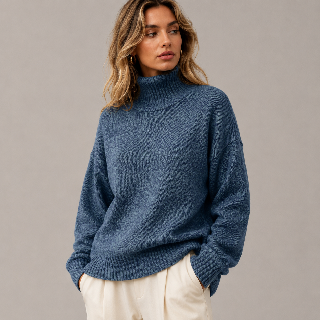 Autumn High Neck Drop Shoulder Solid Color Women's Elegant Long Sleeve Top